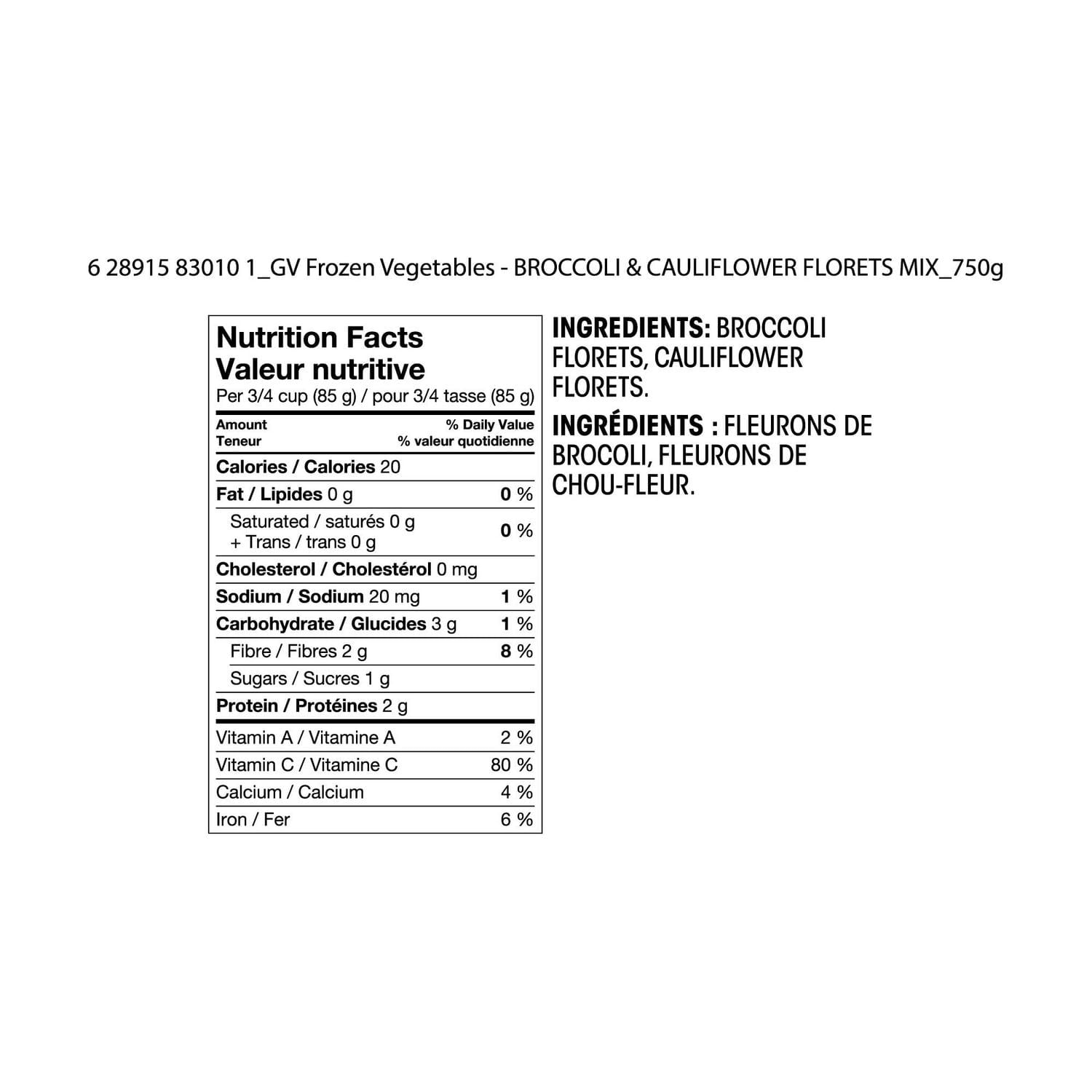 Great Value Frozen Broccoli and Cauliflower Florets, 750 g