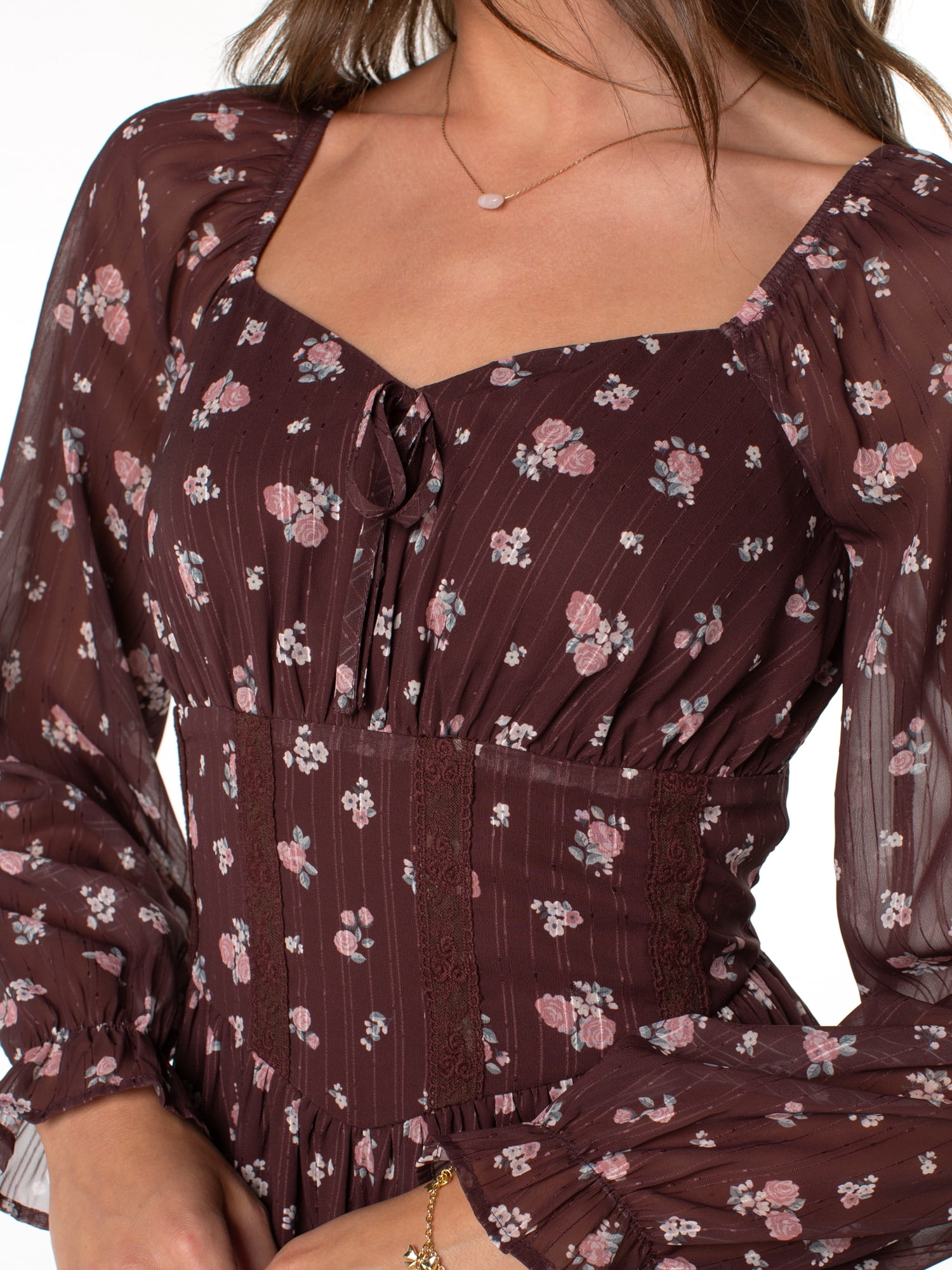 Celebrity Pink Women's Long Sleeve Basque Waist Midi Dress, Sizes XS-XXXL