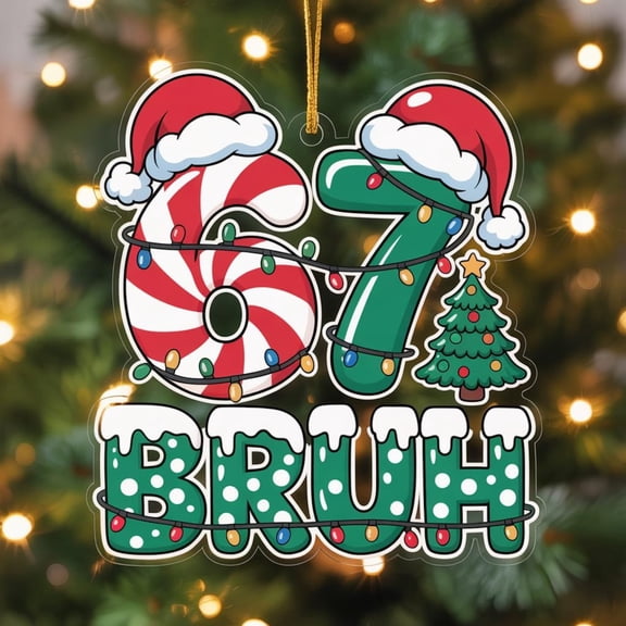 67 BRUH Christmas Ornament | Candy Cane Peppermint 67 Ornament | Funny Cartoon Holiday Decor | Xmas Lights Kids Teen Gift