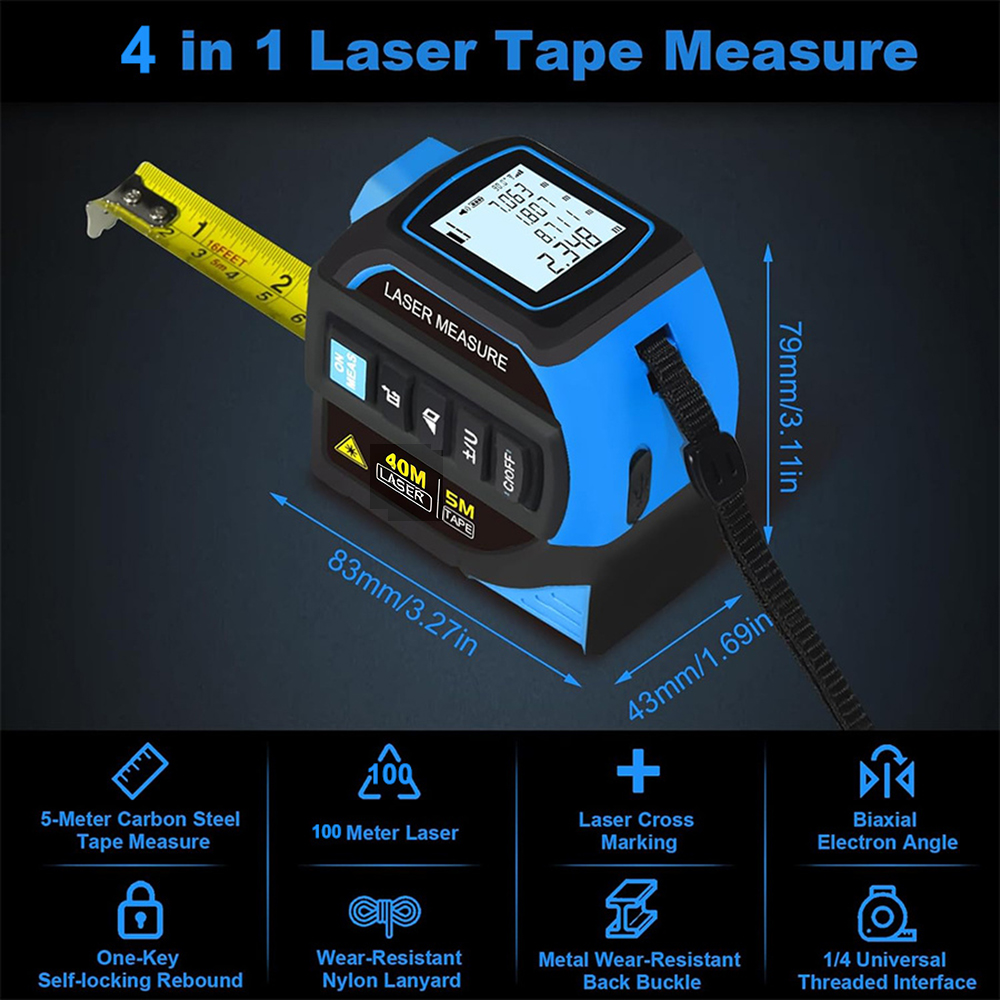 4-in-1 Laser Tape Measure, 135-foot laser measurement & 16-foot manual measurement, digital rangefinder with laser crosshairs, featuring distance/area/Pythagorean theorem/volume measurement functions