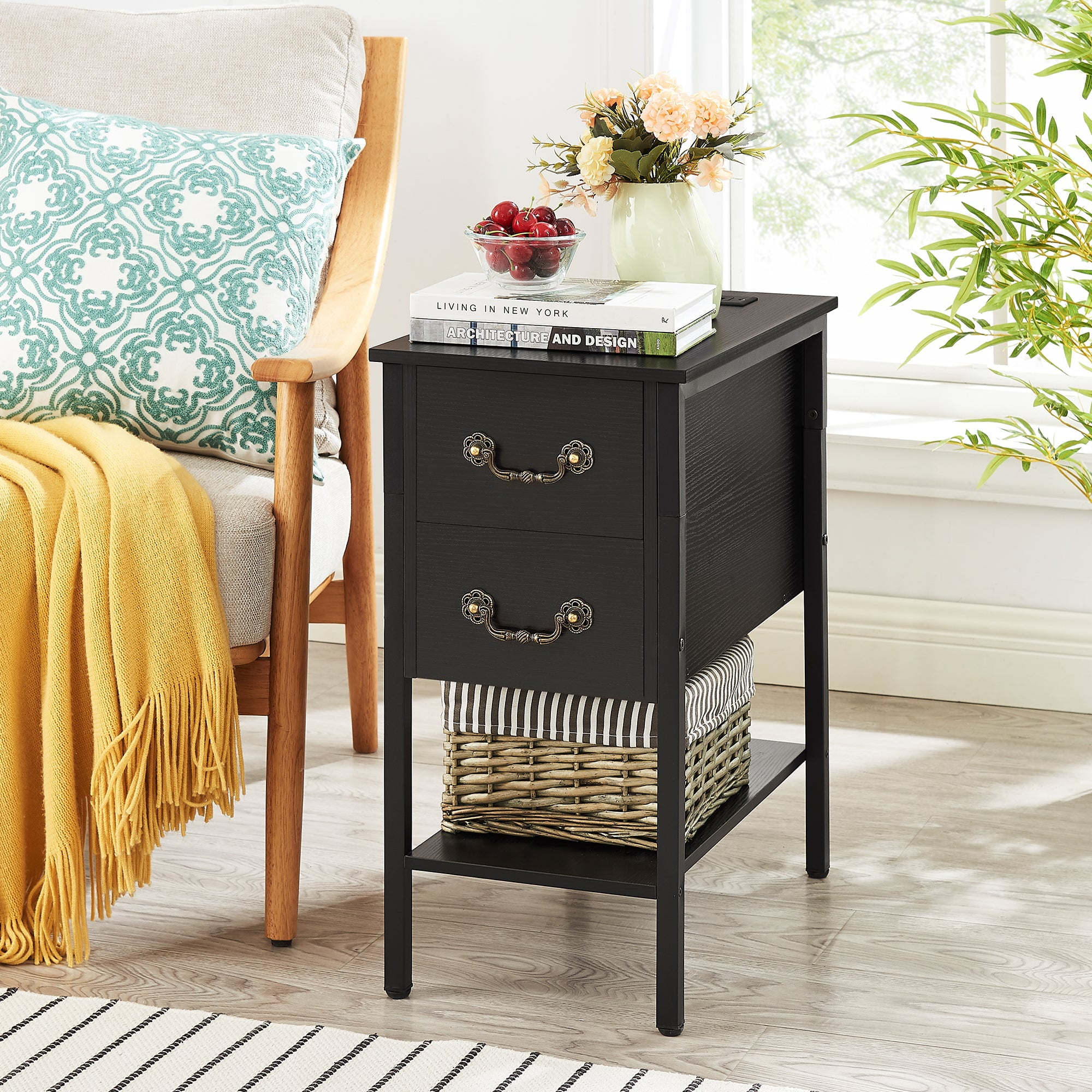 VECELO Nightstand with Charging Station, Tall End/Side Table with 2