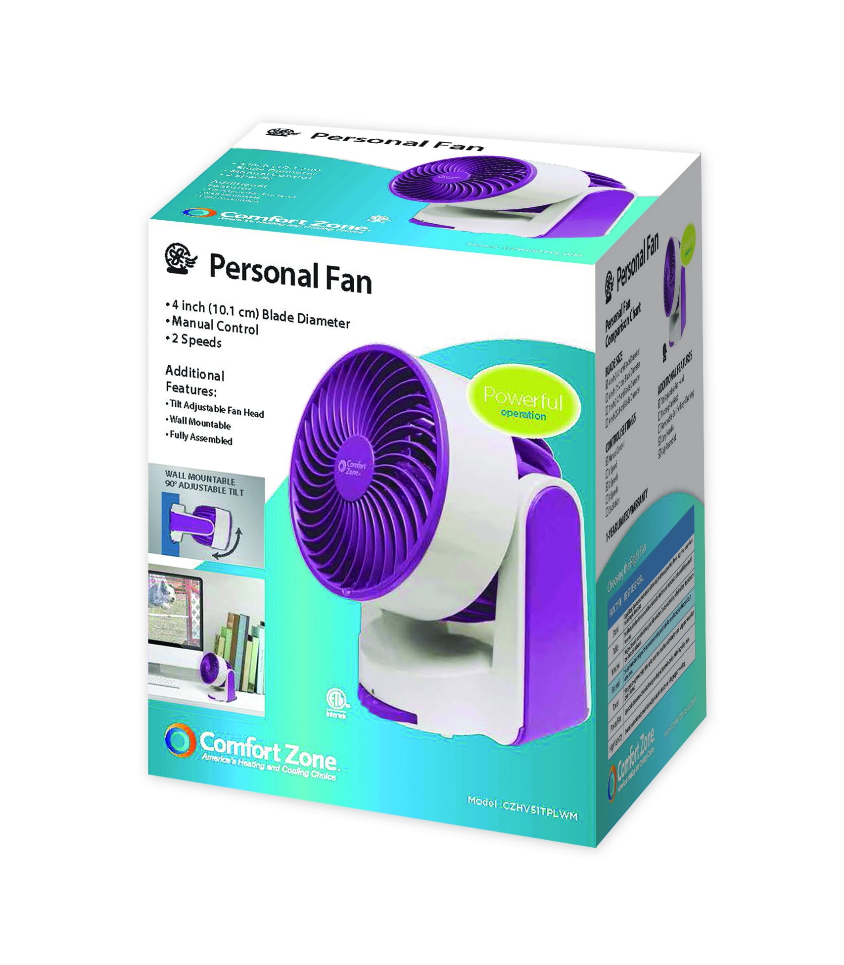 Comfort Zone 4 Personal 2 Speed Fan Model Czhv51tplwm Purple
