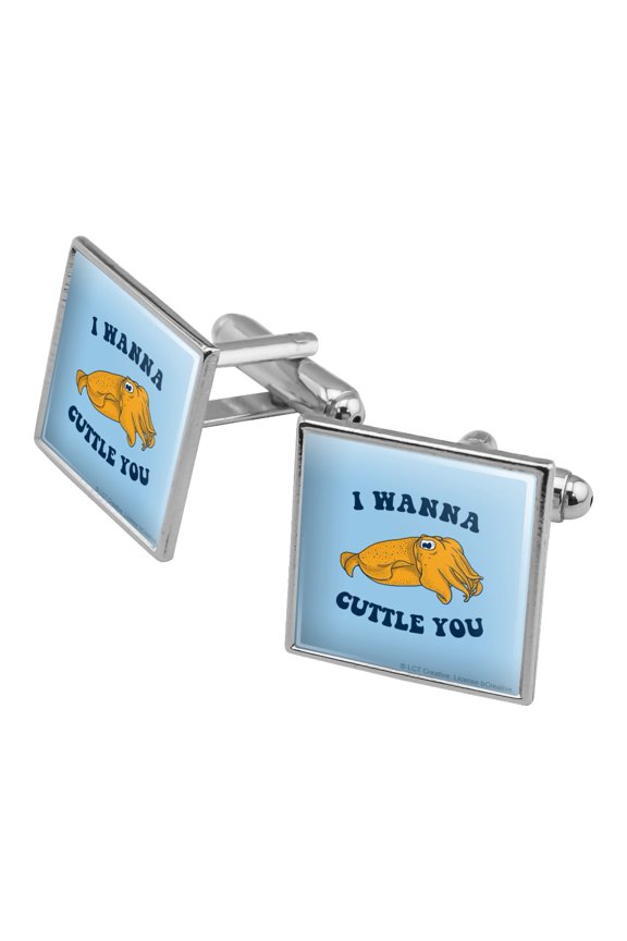 I Wanna Cuttle You Want to Cuddle Fish Funny Humor Square Cufflink Set - Silver or Gold