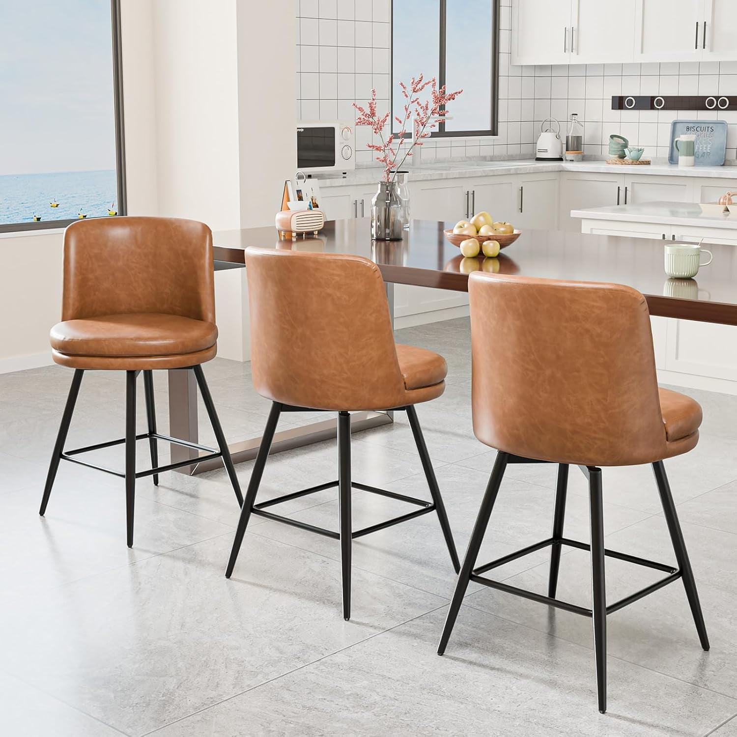 VINGLI 26" H Swivel Barstools Set of 2, PU Faux Leather Upholstered Counter Height Bar Stool with Back, Kitchen High Chairs with Cushion Round Seat, Metal Legs, White