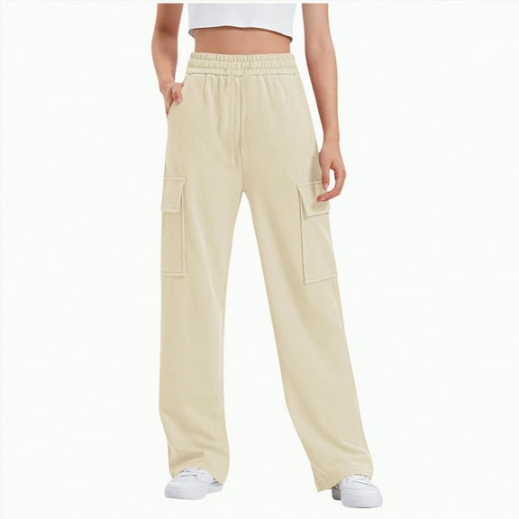CAICJ98 Girls Cargo Pants Jogger Elastic Waist Drawstring with Pockets Uniform Pants Clothes for Teen Girls Casual Girls Sweat Pants (Light Yellow,12-13 Years)