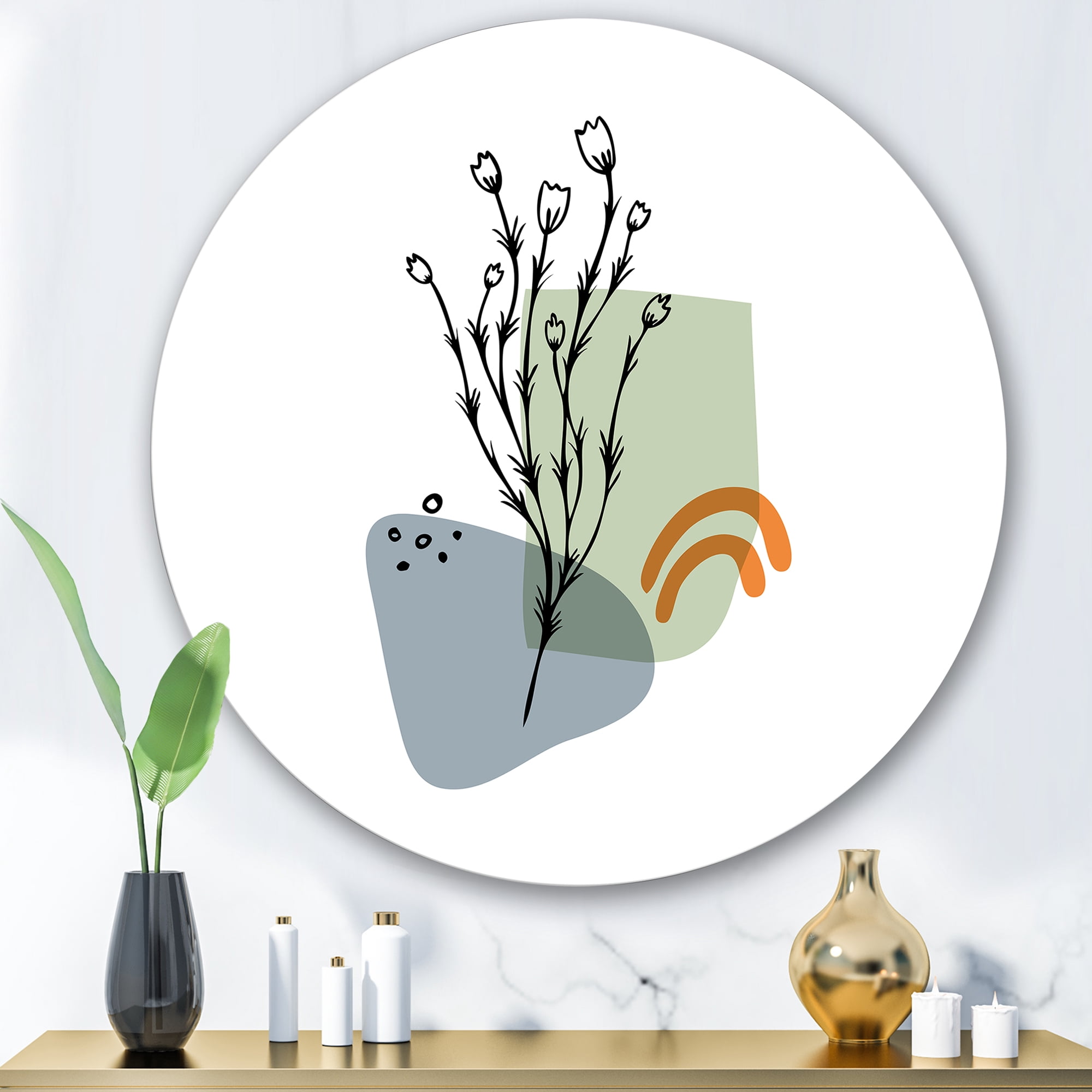 Designart 'Abstract Minimal Shapes Under Flowers II' Modern Circle Metal Wall Art 29x29 - Disc of 29