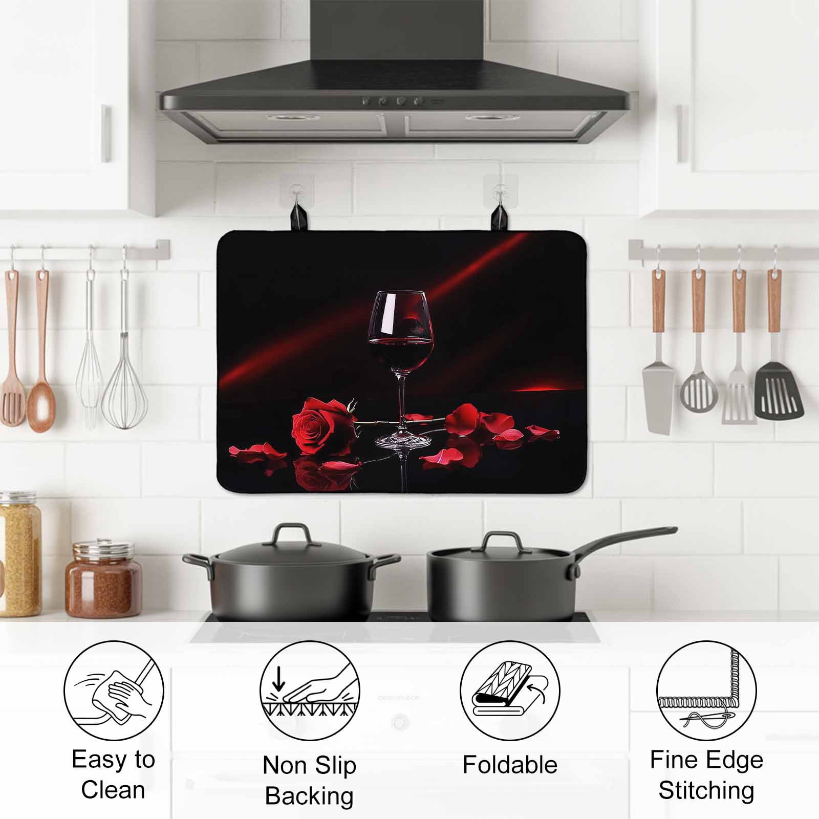 Valentine's Day Stove Top Cover for Electric Stove, Heat-proof & Non Slip Glass Top Stove Cover Protector, Red Roses Floral Romantic Black Spring Kitchen Flat Cooktop Rubber Mat 24x21 Inches