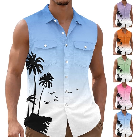 Mutghys Hawaiian Shirts for Men Sleeveless Graphic Lapel Button-up Shirts Vintage Handsome Breathable Versatile Beach Casual Shirts