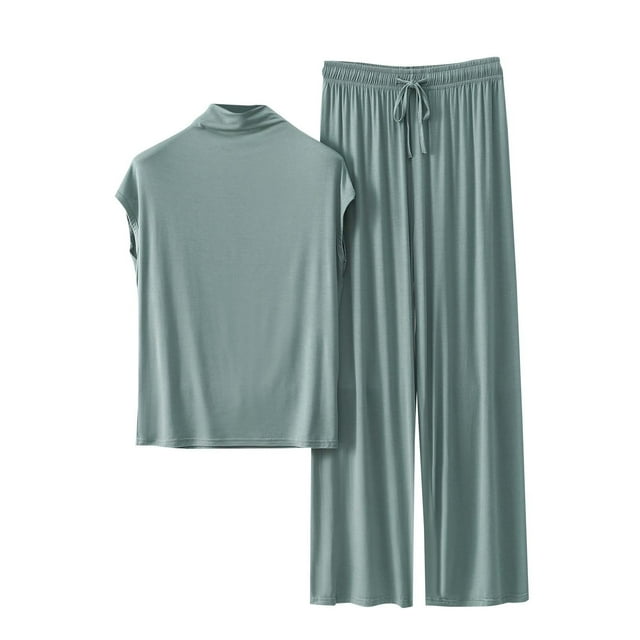 Timegard Ensembles de Pyjamas pour Femmes 2 Pcs Demi-Nuque Manches Courtes Tee Pantalon Large Tenues de Détente