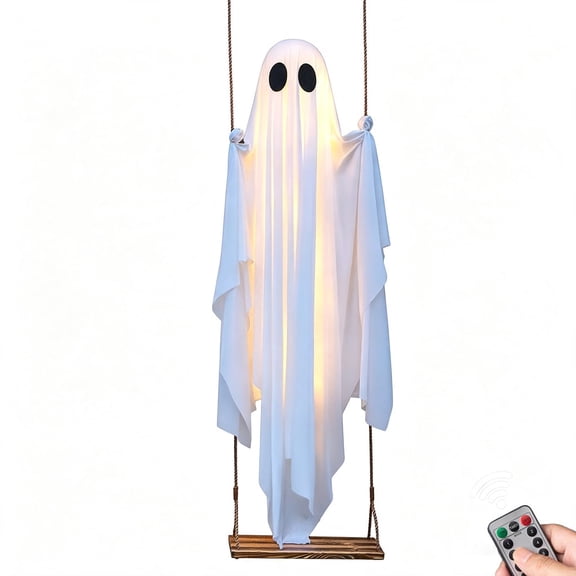 Halloween Decorations Outdoor 5FT Large Hanging Ghost Swing with Remote Control String Lights Cute Spooky Ghost Yard Porch Tree Lawn Garden Party Decor