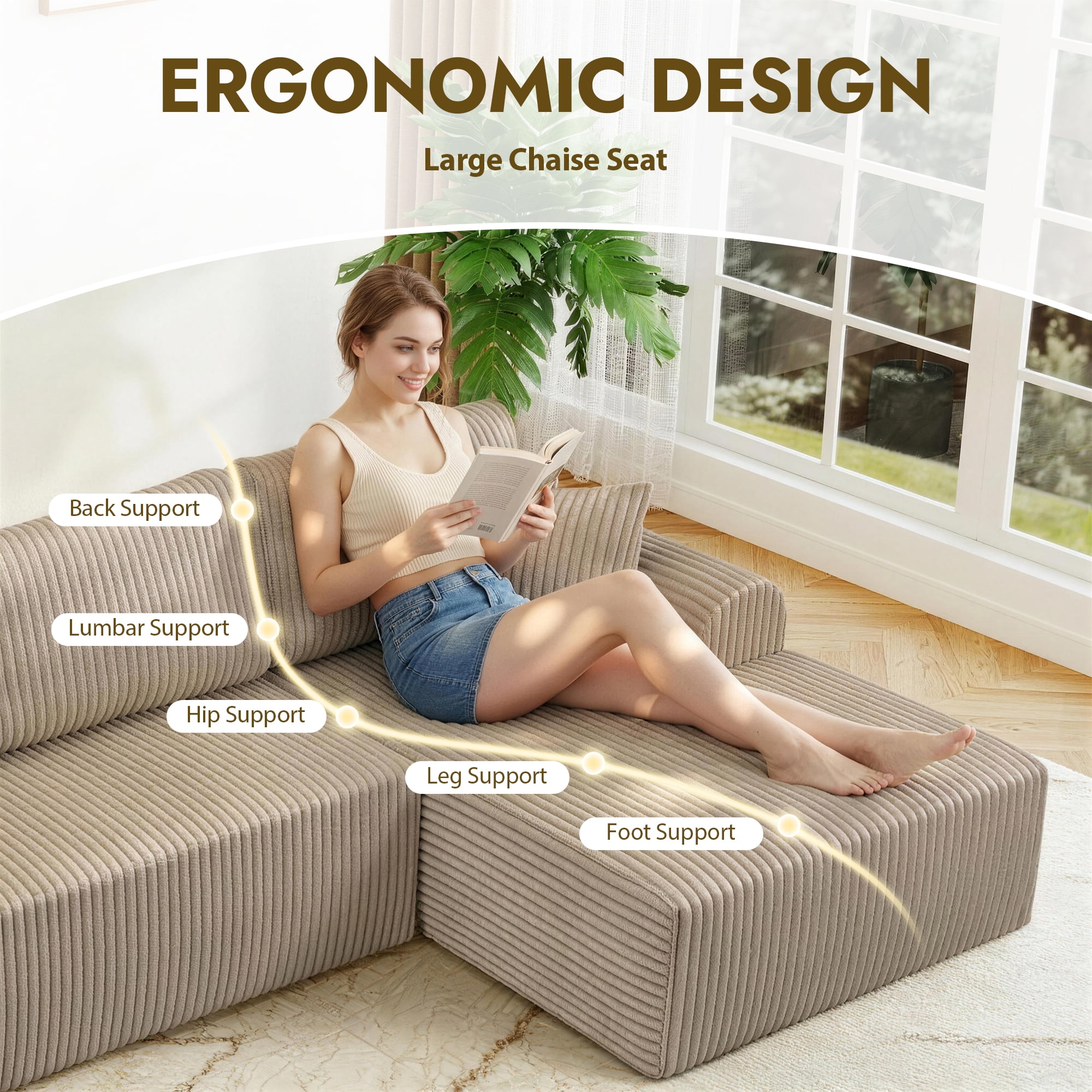 Aukfa 109" Modular Cloud Sectional Sofa with L-Shape Chaise, Corduroy Upholstered Deep Seat Couch, Right Facing Chaise, No Assembly Boneless Sofa for Living Room/Bedroom/Apartment, Camel