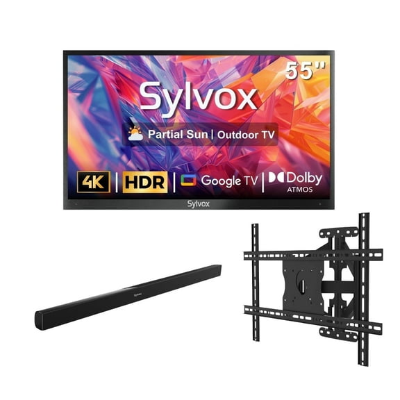 SYLVOX 55" Outdoor TV with Mount & Soundbar, 4K UHD Google TV for Partial Sun Outside 1000nit Brightness, IP55 Weatherproof, Dolby Atmos, Voice Remote (Deck Pro 2.0)