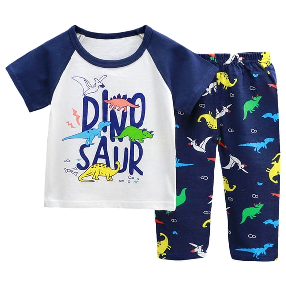 KPOPLK Toddler Boys Clothes Kids Cotton Clothing Fun Cool Summer Short Sleeve Tee Top Outfit Wear in Night 2 Piece Set Size 18-24 Months,Dark Blue