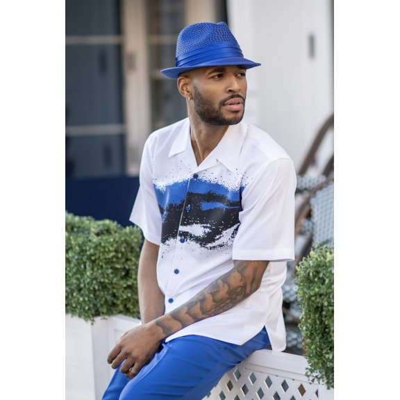 Men's 2 Piece Short Sleeve Walking Suit Spray Print Detail in Royal - 2004