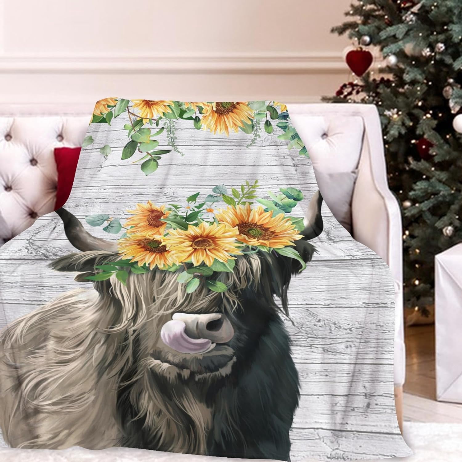 Sunflower Highland Cow Blanket Animals Flowers Cow Flannel Throw Blanket Soft Cozy Fleece Plush Warm Flannel Bedding Blanket for Kids Girls Boys 40x50inch