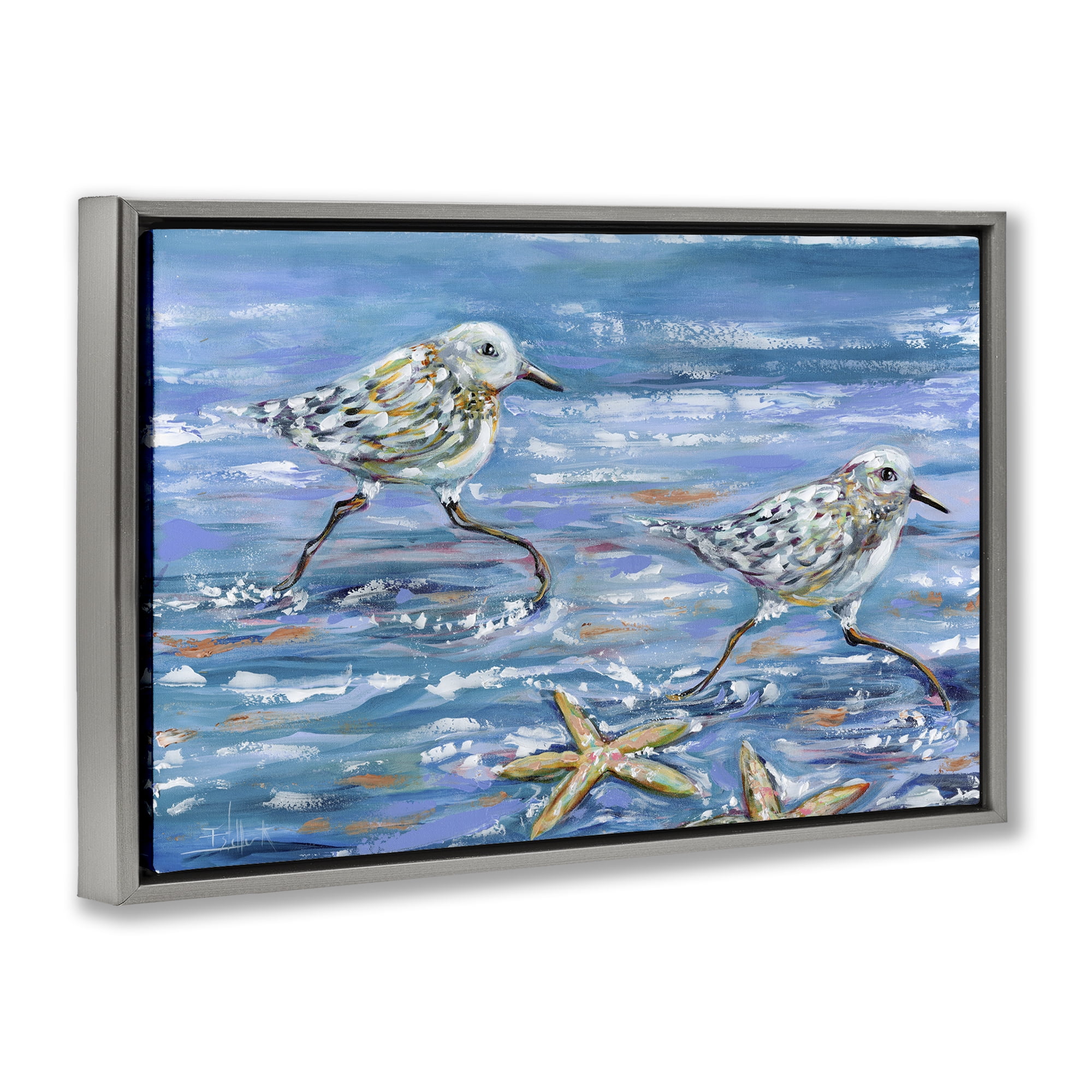 Stupell Industries Running Sea Sandpipers Coastal Painting Gray Floater Framed Canvas Art Print Wall Art, 25 x 17