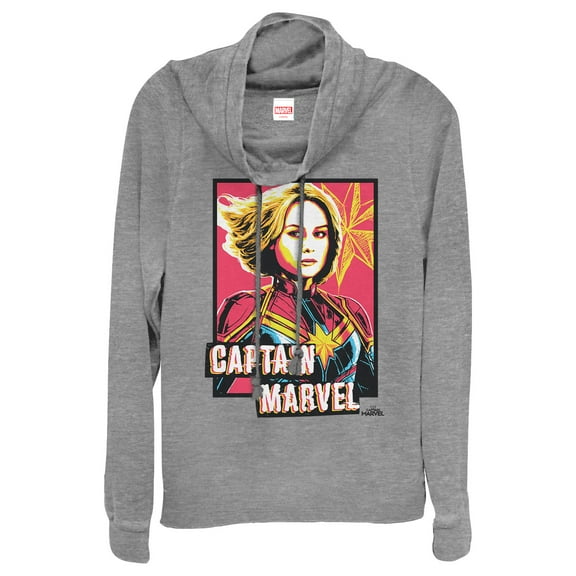 Junior's Marvel Captain Marvel Artistic Portrait  Cowl Neck Sweatshirt Gray Heather 3X Large