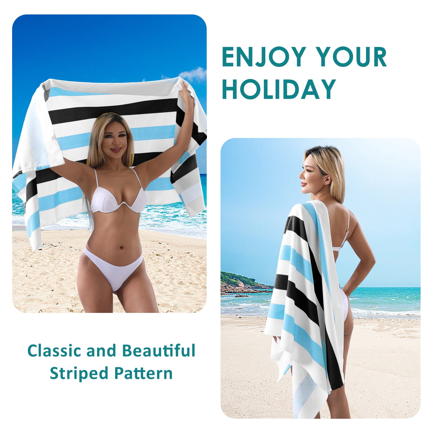 Smuge 4 Pack Cabana Stripe Beach Towels, 60x30 inches Microfiber Lightweight Outdoor Large Swim Towel for Adults (Blue Black)