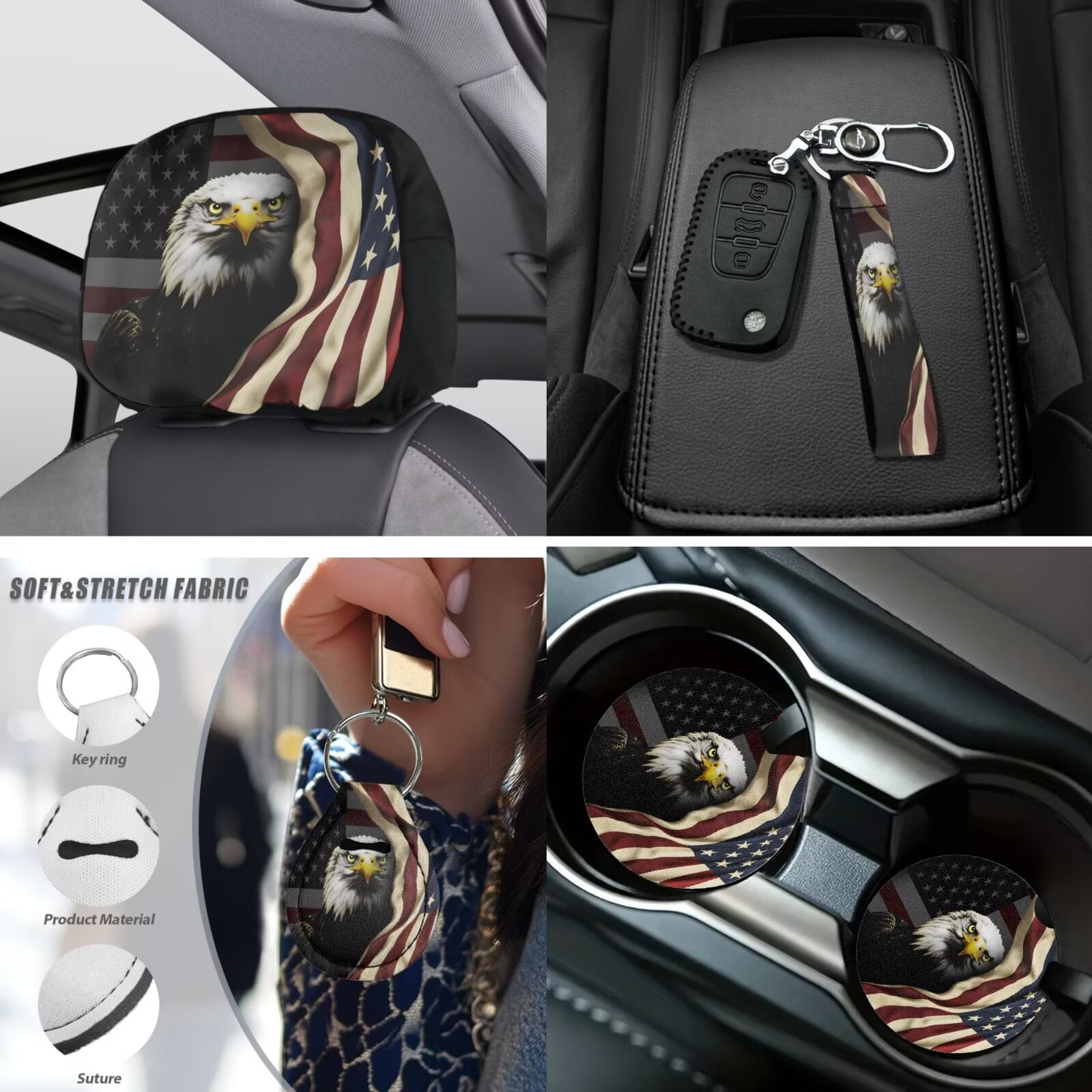 Uorisanigo American Flag Eagle Car Seat Covers Set with Wheel Cover Protector/Seat Belt Strap Pads/Center Console Cover/Headrest/Gear Shift & Handbrake Covers/Cup Coasters/Keychain,18 Packs