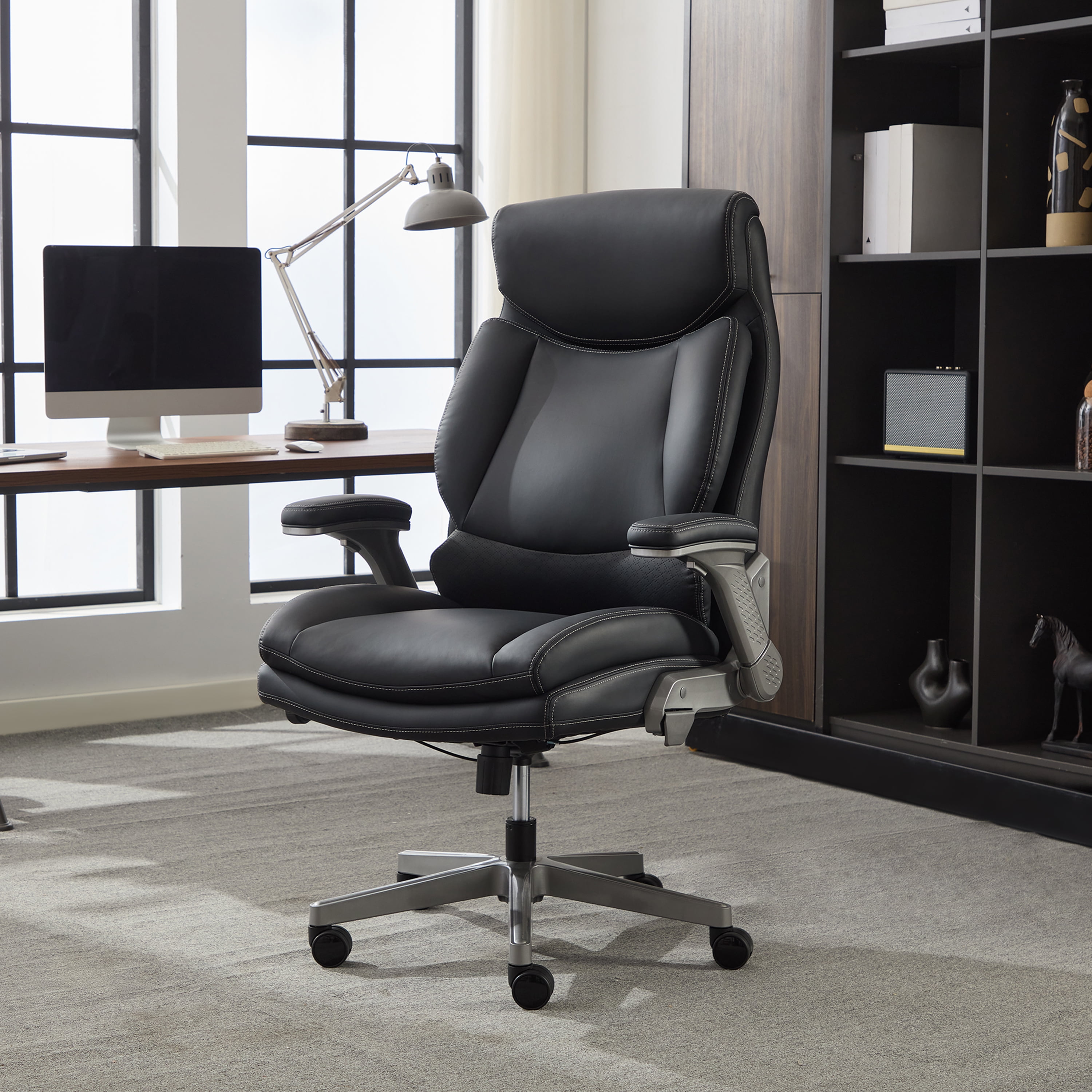 Shaq Tarvos Premium Ergonomic Big & Tall Office Chair, PureSoft Upholstery with Height Adjustable and Flip-Up Arms, Black