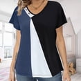 thumbnail image 2 of Camiseta de color en contraste para mujer, camiseta estampada con cuello en V, camisetas casuales de manga corta de verano, azul oscuro L, 2 of 6