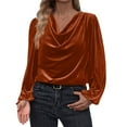 thumbnail image 2 of ClodeEU Women's Satin Silky Cowl Neck Drape Ruched Blouse,Trendy Fashion Long Sleeve Work Tops Orange,Womens Plus XXXL, 2 of 6