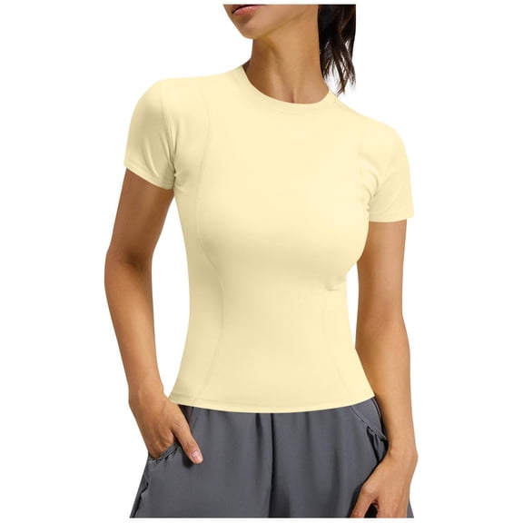 JIA JIA SHUANG Women Yoga Workout Short Sleeve Tees High Neck Slim Fit Stretchy Running T Shirt Summer Trendy Athletic Tops for Gym