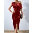 thumbnail image 5 of Women'S Off the Shoulder Asymmetrical Velvet Midi Dress Short Sleeve Ruched Elegant Party Dresses Wine Red XXL, 5 of 8