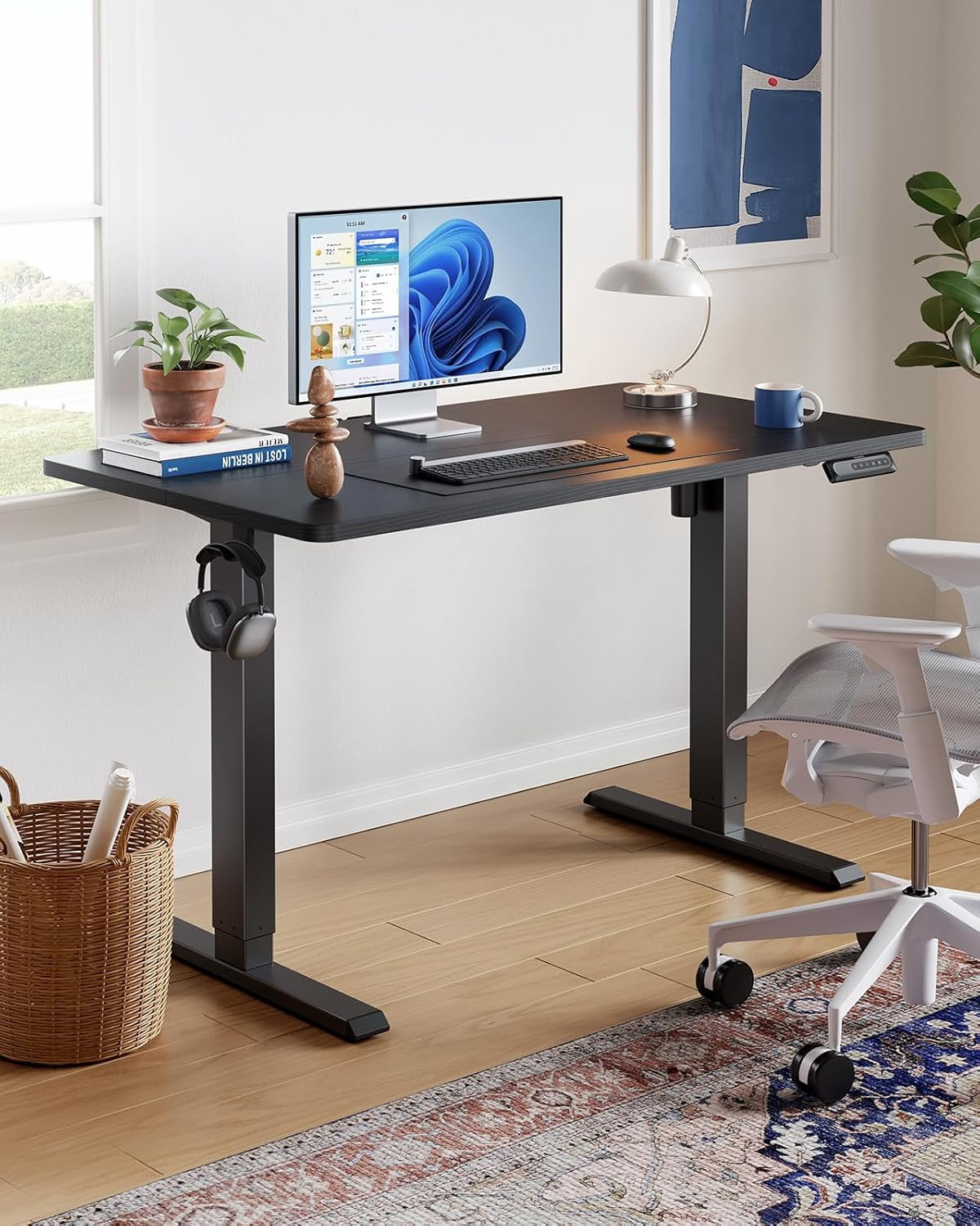 Kyspho 55" x 28" Electric Standing Desk Adjustable Height, 4 Memory Height Settings, Headphone Hook, Cable Manager, Sit Stand Up Desk for Home Office & Computer Workstation, Black