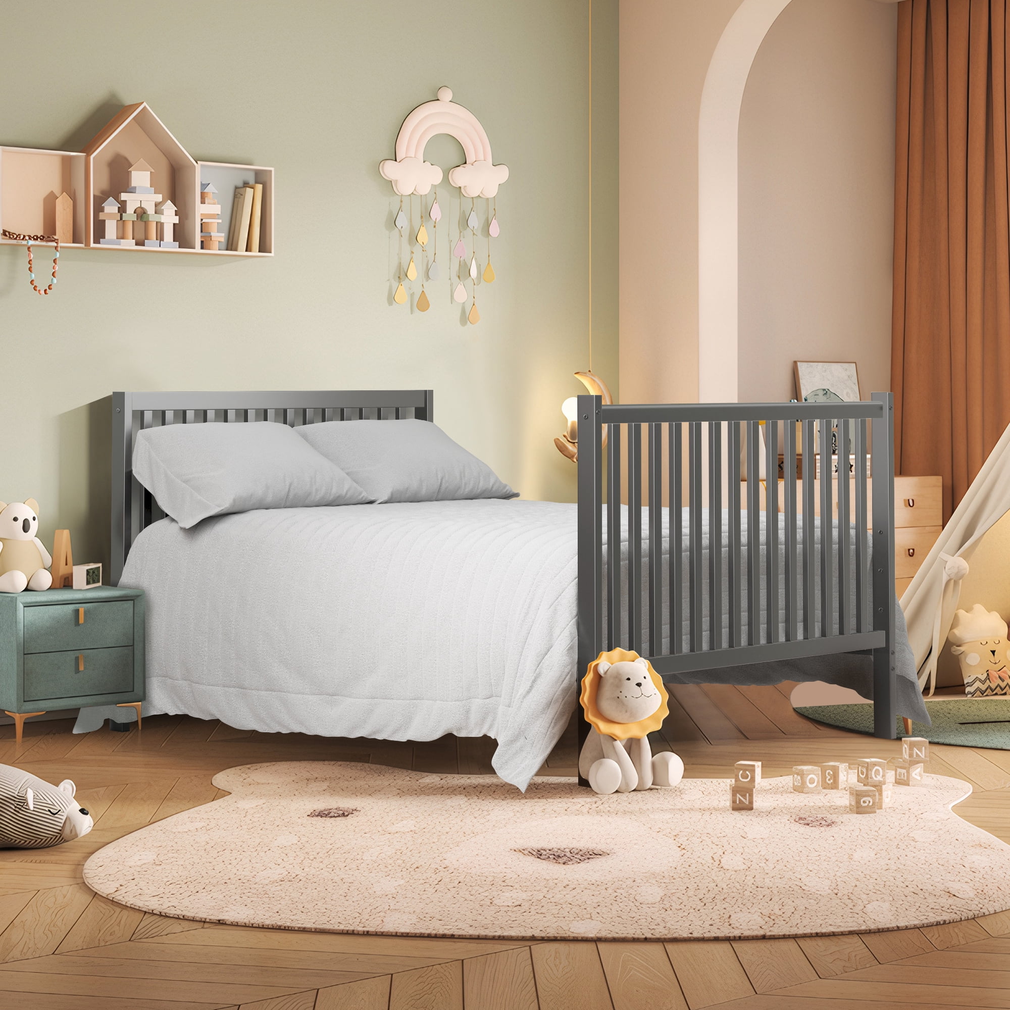 Baby Convertible Crib 5-In-1, New Zealand Pinewood Baby Bed, Crib With 3 Height Adjustment, Non-Toxic Finish, No Conversion Kit Included, Gray