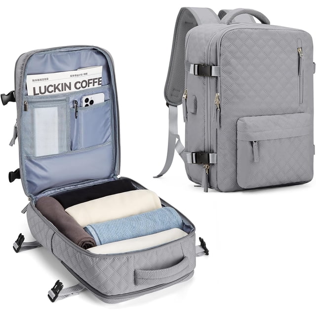Mochila Viaje Cabina Avion 40x20x25 Mujer Ryanair Maleta para Cabina de avion Equipaje de Mano 45x36x20 Easyjet Mochila de Senderismo Mochila para Portatil Impermeable hombre con Cargador USB(gris)