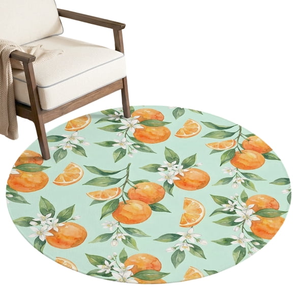 Washable Round Rugs 3ft Oranges Fruits Circle Rug Non-Slip Soft Non-Shedding Low-Profile White Florals Farmhouse Green Leaves Small Area Rug Carpet for Living Room Bedroom Dining Room Home Decor