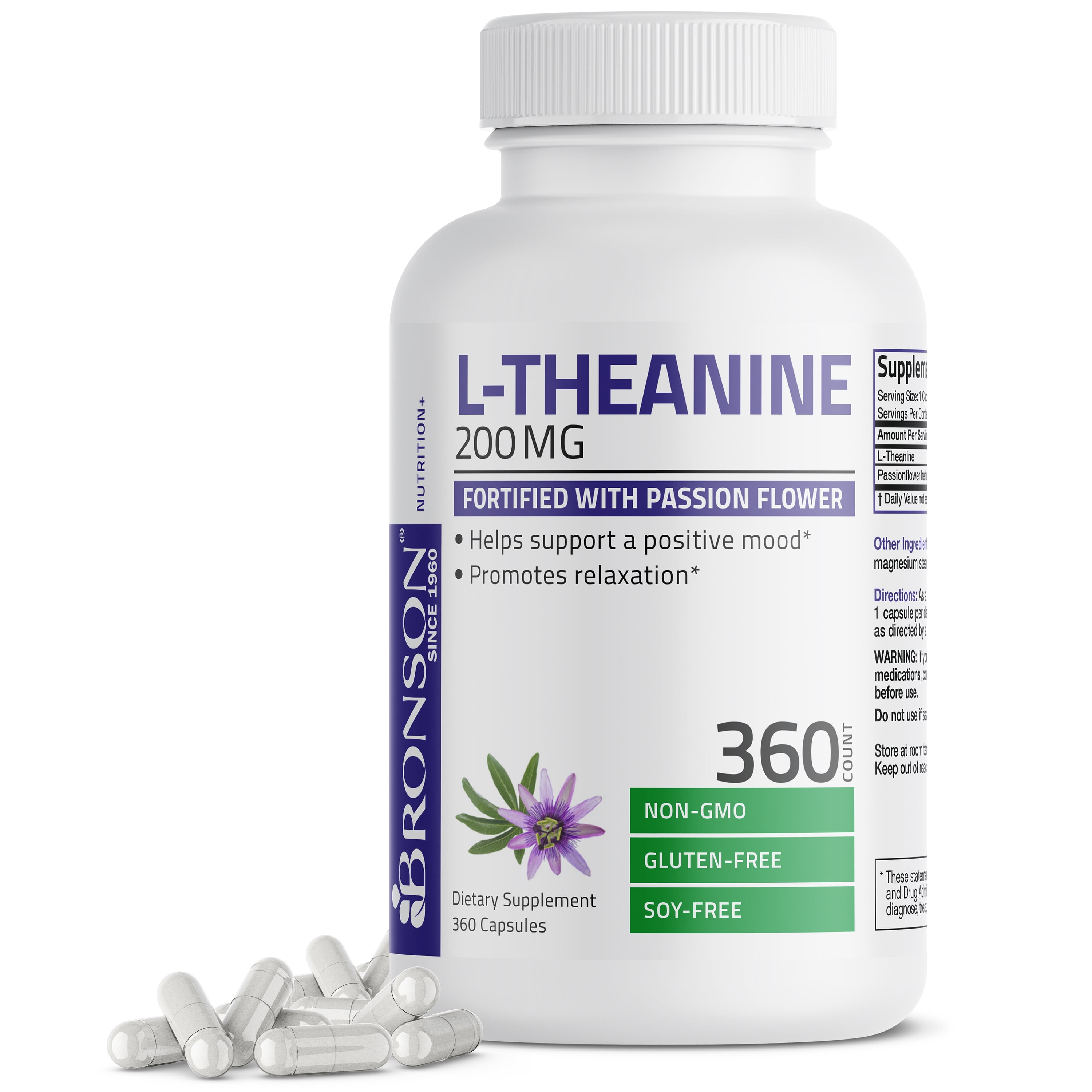 L-Theanine 200mg (Double-Strength) with Passion Flower Herb - Reducing Stress - Non-GMO Gluten Free, 360 Capsules