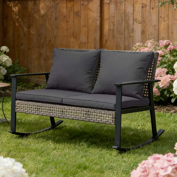 Ainfox Outdoor Rocking Loveseat High-back Rattan Wicker Patio Rocking 2-Seater Chair, Gray