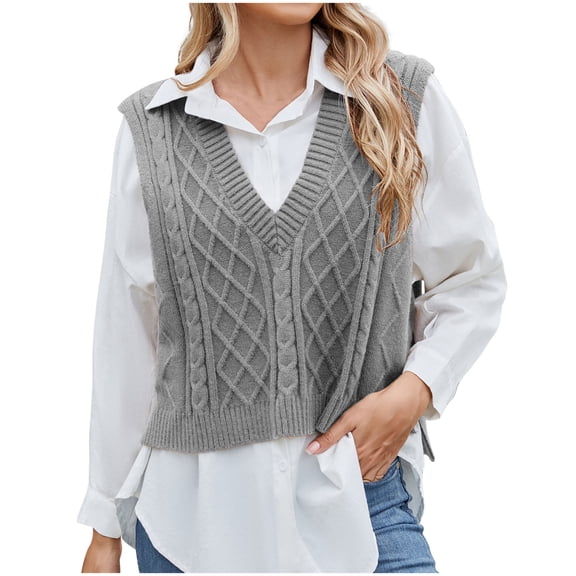UAMVSH Women's Sweater Vests V Neck Sleeveless Casual Cable Knitted Cropped Pullover Sweaters Loose Fit Tank Tops Ladies Outfits(X-Large,Gray)
