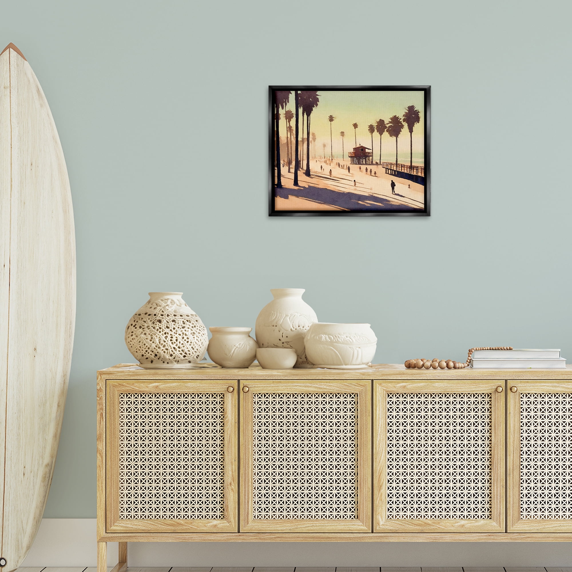Stupell Industries Silhouettes on Beach Landscape & Nature Painting Black Floater Framed Canvas Art Print Wall Art, 21 x 17