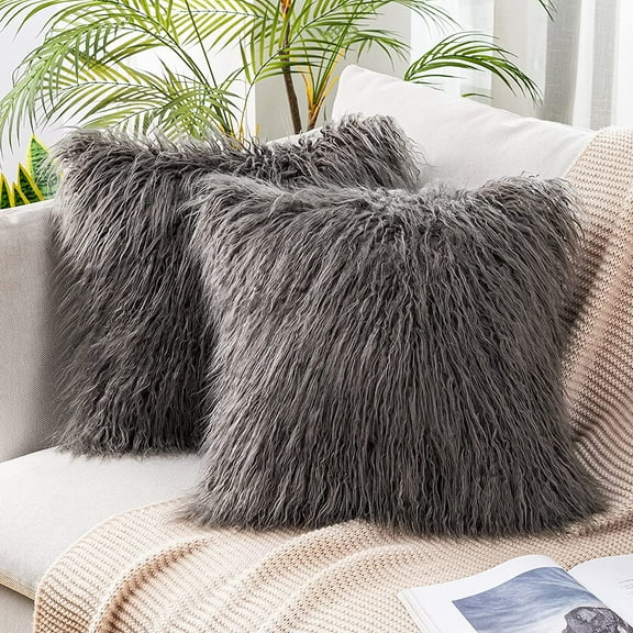 Nvzi Pack of 2 Decorative Faux Fur Throw Pillow Covers New Luxury Series Style Fluffy Pillow Case Cushion Cover for Sofa Bedroom Car Grey 18 x 18 Inch