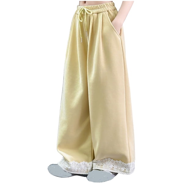 Odeerbi 3-16 Años Niñas Pantalones de Chándal de Algodón Con Ribete de Encaje Workout Athletic Sports Pantalones de Pierna Ancha Cintura Alta Joggers Con Bolsillo