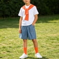 thumbnail image 3 of Boys 4 Pieces Back To School Outfit Round Neck Solid Short Sleeve Tee and Pockets Denim Shorts and Shawl and Knee High Socks Performance Outfits Casual Clothes Set 3-16 Years, 3 of 9