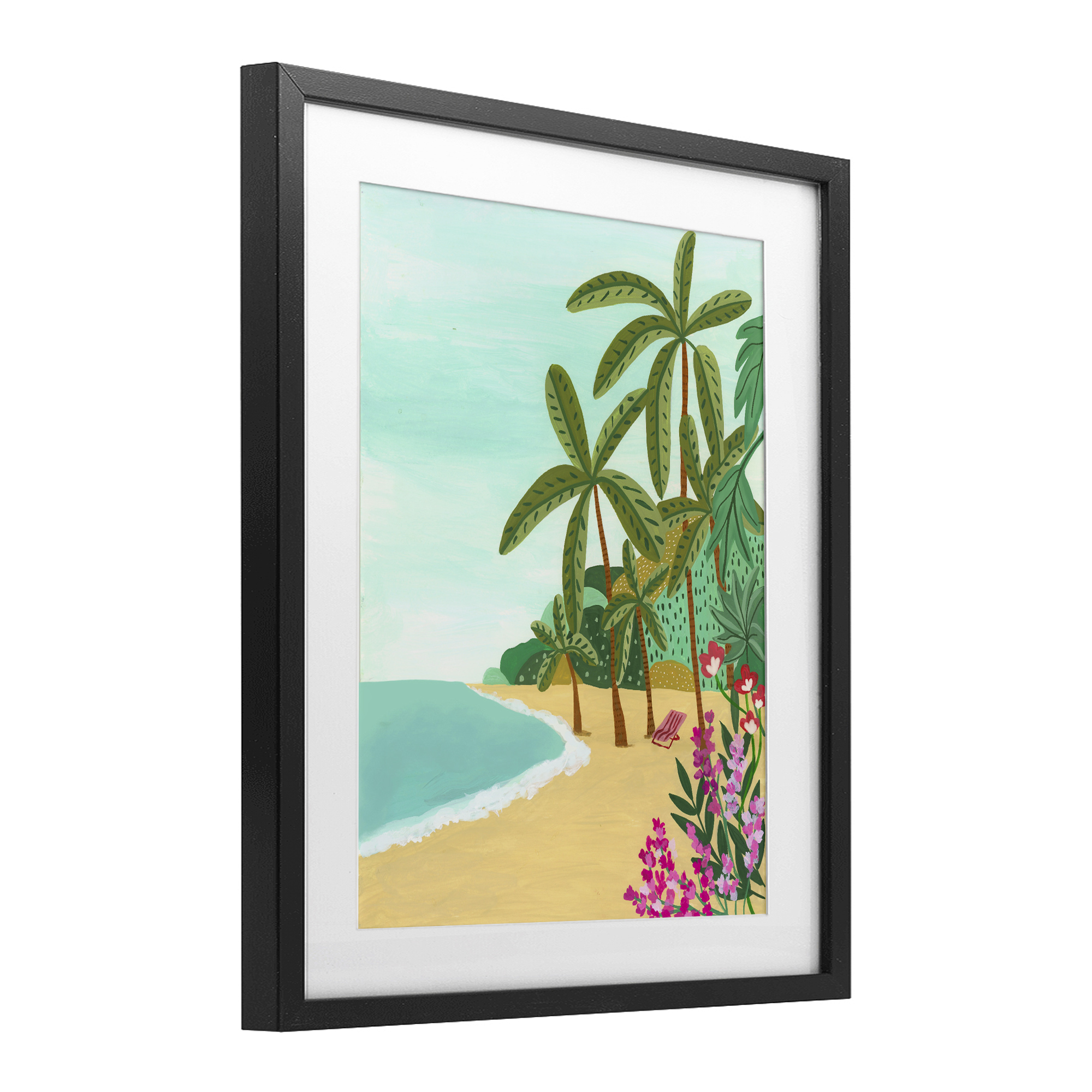 Palm Filled Shoreline Black Framed Print Under Glass, design by Nabeela Rumi