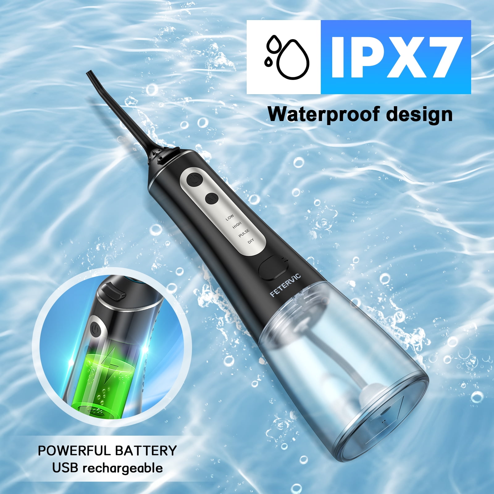 FETERVIC Cordless Water Flosser for Teeth, 300ML Tank, 4 Modes, 5 Tips, Rechargeable Oral Irrigator for Braces & Travel