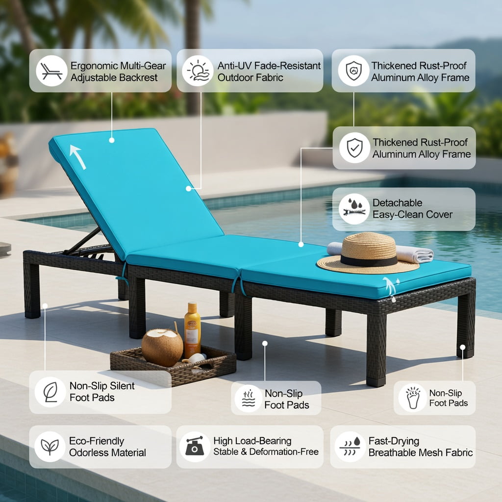 Hommoo Height-Adjustable Outdoor Rattan Lounge Chair with Dual Cushion Covers, PE Wicker Patio Recliner for Poolside, Garden & Porch, Black & Turquoise