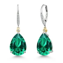 Gem Stone King 925 Silver and 10K Yellow Gold Green Nano Emerald and White Lab Grown Diamond Dangle Earrings for Women | 16.53 Cttw | Gemstone May Birthstone | Pear Shape 16X12MM