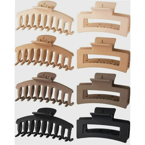 8 Pack Hair Clips for Women, Large Hair Claw Clips for Thick Hair, Variety Matte Neutral Color Pack, 2 Styles 4.1 Inch Non-slip Rectangle Hair Claws and 4.3 Inch Claw Clips