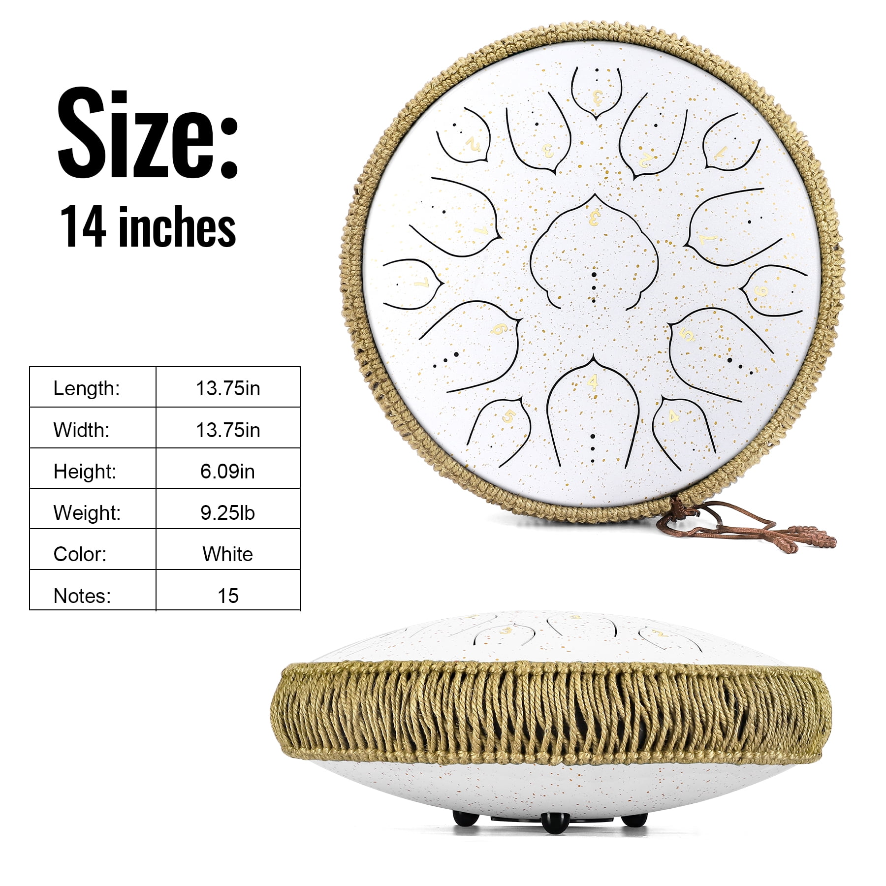 Steel Tongue Drum-14" 15 Note Tongue Pan Drums for Adults, D Major, Carry Bag, White
