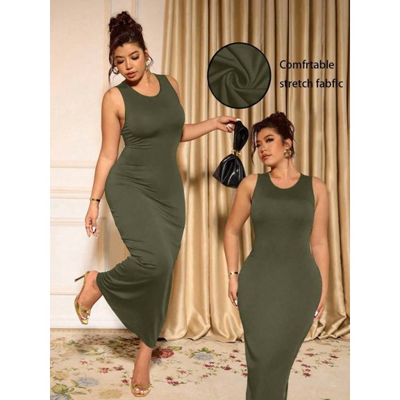 Army Green Plus Size Solid Round Neck Sleeveless Fitted Bodycon Maxi Dress
