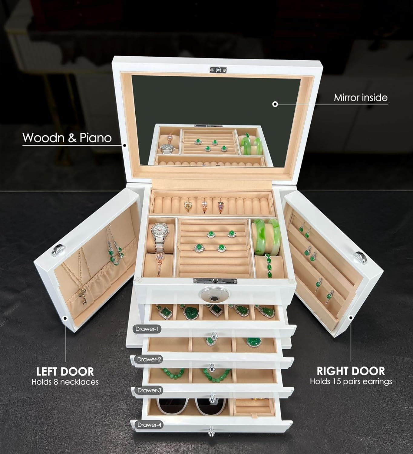 Smart Jewelry Box with Fingerprint Lock, 3-Layer Large Wood Jewelry Organizer for Women, Rosewood Piano Finish Storage Chest with Drawers