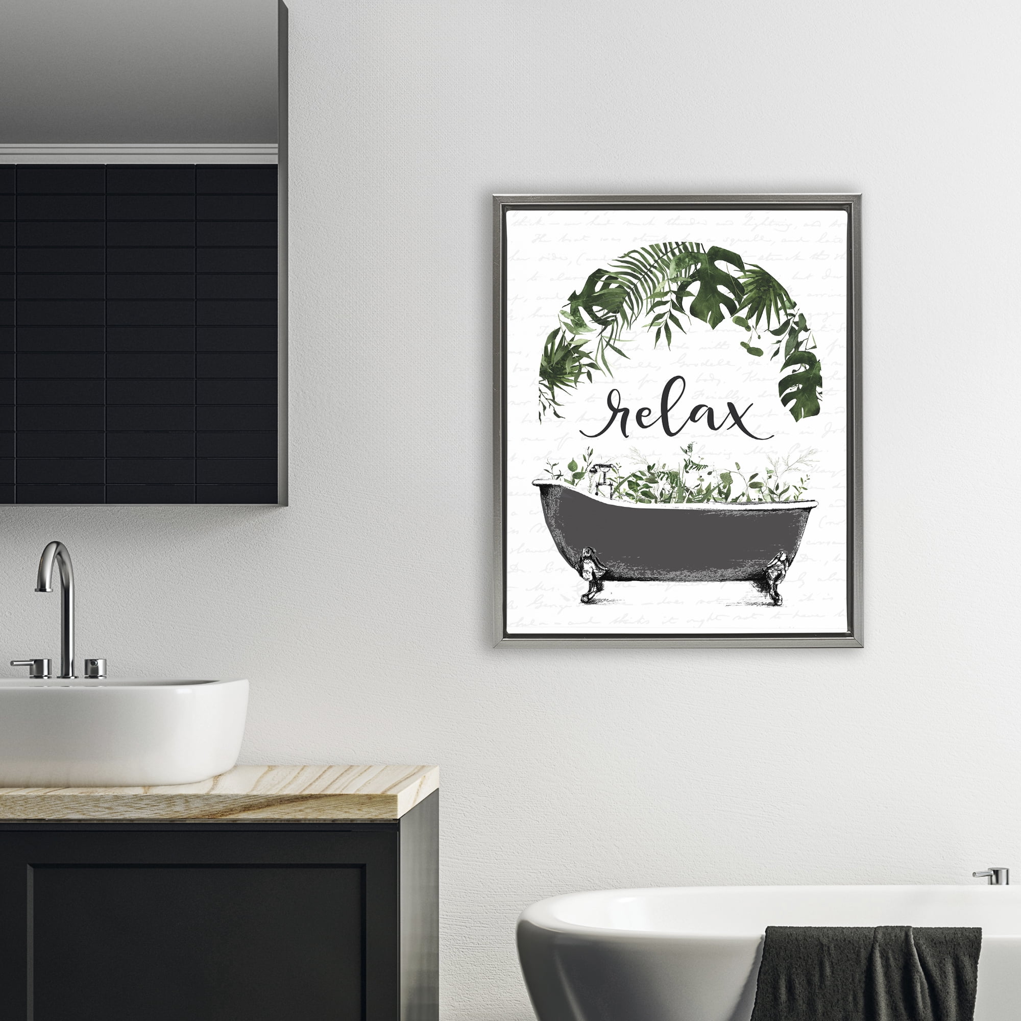 Tropical Bath Relax Gray Framed Floater Canvas Wall Art, design by Lettered and Lined