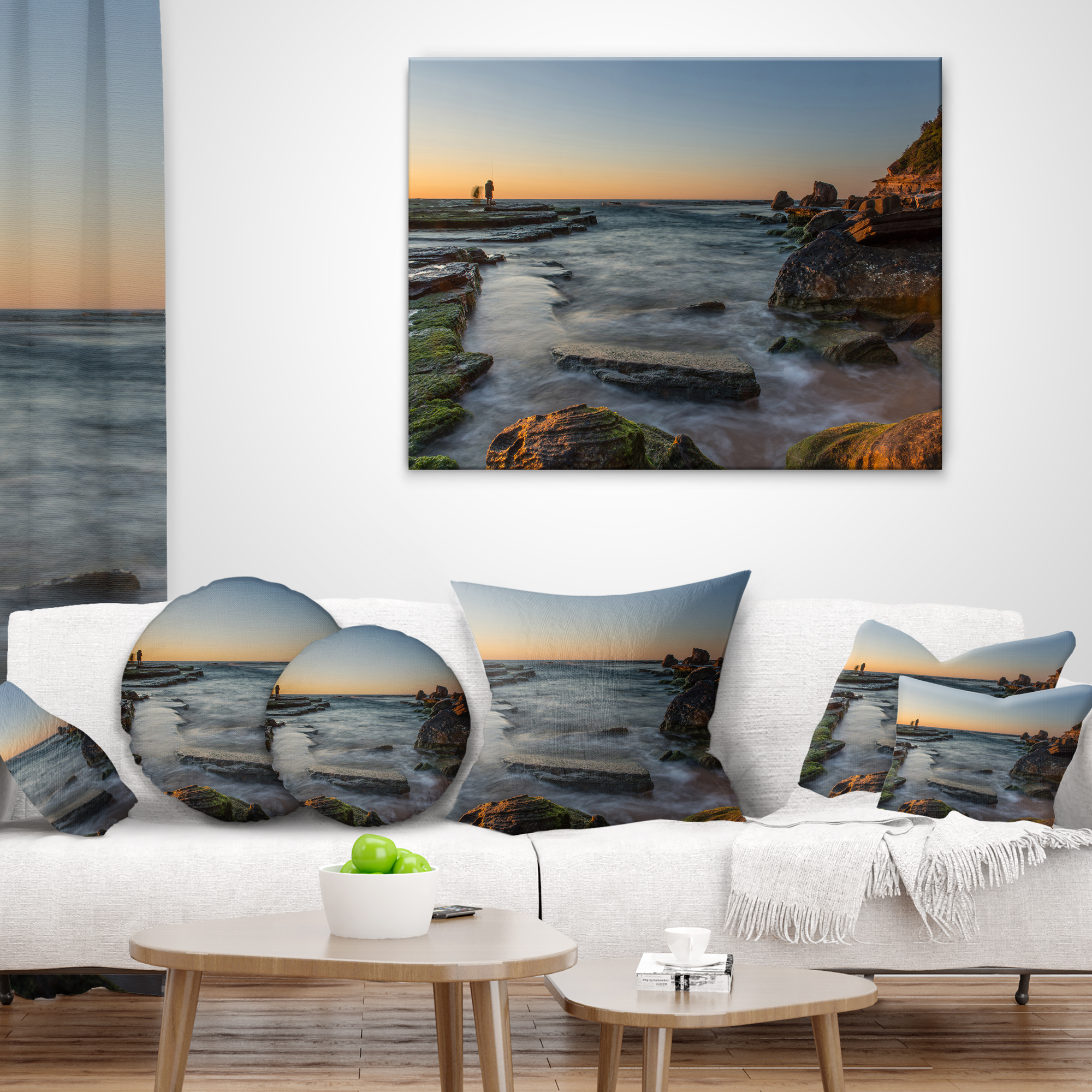 Designart Sydney Sunrise Over Seashore - Seascape Throw Pillow - 12x20