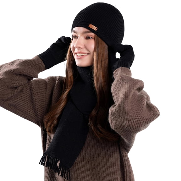 Womens Winter Beanies Scarf Gloves 3 PCS Set Plain Knit Cuffed Hats Long Neck Tassel Scarfs Warm Gloves Cold Weather Black